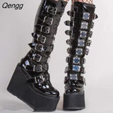 Niulatu 43 Designer Platform Thick Heel Mid Calf Boots Women Punk Cool Gothic Black Buckle Shoes Woman High Zipper Boots Women DJSE