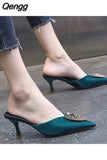 Niulatu Women Pumps Summer Mid-heel Shoes Stiletto Pointed Toe Rhinestone Decoration Luxury Sandals Ladies Sandalia Feminina Mules DJSE