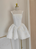 Niulatu A Line Straps White Satin Vacation Dresses Short Birthday Dress SD238