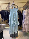 Niulatu A line Halter Ruffled Floral Blue Summer Holiday Dress Women's Long Vacation Dresses S180