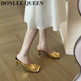 Niulatu Arrival Gold Outer Wear Slippers Women Fashion Slip On Square Toe Stiletto Mules Comfortable Heel Slide For Party Shoes DJSE