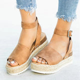 Niulatu Women Casual Sandals Fish Mouth Hemp Rope Platform Wedge Shoes Fashion Round Toe Buckle Leopard Print Beach Flats Plus Size DJSE