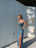 Niulatu Spaghetti Straps Sheath Slit Prom Dress Long Evening Dress HZ1007