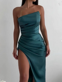 Niulatu Sheath Strapless Neckline Slit Satin Long Party Dress Prom Dresses SD2446
