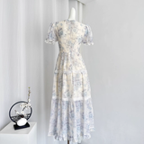 Niulatu A line Strapless Short Sleeves Blue Floral Dress Long Holiday Dresses SD316