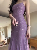 Niulatu Mermaid Spaghetti Straps Purple Chiffon Beaded Evening Dress Prom Dress HZ1007