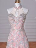 Niulatu Pink Sequin Beaded ALine Prom Dress Evening Dress HZ1007