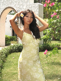 Niulatu Yellow A Line Spaghetti Strap Print Floral Satin Prom Dress Wedding Guest Dress HZ0113