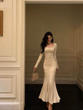 Niulatu Mermaid Square Neckline Long Sleeves White Long Prom Dresses Birthday Dress SD292