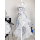 Niulatu High Low Strapless Floor Length Light Blue Flowers Prom Dresses Birthday Dress SD467