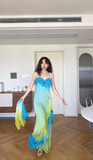 Niulatu Sheath Spaghetti Strap Ruffle Yellow Blue Ombre Chiffon Prom Dress Wedding Guest Dress HZ0113