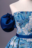 Niulatu Printed Long A-Line Prom Dress Blue Off the Shoulder Formal Evening Dress HZ1007