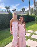 Niulatu Pink Satin Print Floral Evening Dress Mermaid Prom Dress HZ1007
