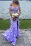 Niulatu Off-Shoulder V-Neck Lace Appliques Mermaid Prom Dress Slit Birthday Evening Gown HZ1007