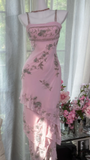 Niulatu Pink Sheath Spaghetti Strap Beaded Layered Chiffon Prom Dress 22th Birthday Dress HZ0113
