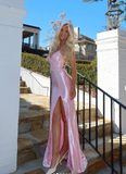 Niulatu Satin Appliques Mermaid Prom Dress Long Slit Evening Gown HZ1007