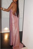Niulatu Pink Halter Backless Party Evening Dress Formal Prom Dress HZ1007