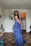 Niulatu Blue Tulle Sequins Layered Evening Dress Formal Slit Prom Dress HZ1007