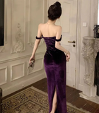 Niulatu Velvet Long Sheath Prom Dress Purple Off Shoulder Slit Party Evening Gown HZ1007