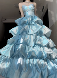 Niulatu Blue Ball Gown Sweetheart Neck Layered Sequin Prom Dress HZ0113