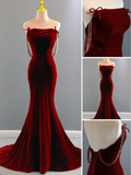 Niulatu Mermaid Wine Red Long Velvet Evening Dress HZ1007