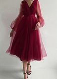 Niulatu Puffy Long Sleeve Burgundy Tea Length Long Prom Dress/Evening Gown HZ0113