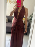 Niulatu Halter Backless Brown A Line Slit Prom Dress Deep V Evening Dress HZ1007