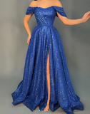 Niulatu Off The Shoulder Sequin Slit Prom Dress Blue A Line Evening Dress HZ1007