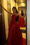 Niulatu Red Strapless Slit Party Evening Dress Formal Satin A Line Prom Dress HZ1007