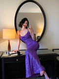Niulatu Shiny Purple Mermaid Straps Sequin Long Prom Dress Vacation Dress HZ0113