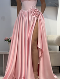 Niulatu A Line Sweetheart Neck Pleated Satin Prom Dress Wedding Guest Dress with Slit HZ0113
