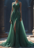 Niulatu Green Satin Chiffon Appliques Evening Dress Mermaid Long Prom Dress HZ1007
