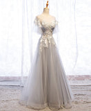 Niulatu round neck tulle lace long prom dress gray tulle formal dress HZ1110