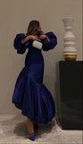 Niulatu Puff Sleeves Blue Pleated Mermaid Evening Dress Formal Prom Dress HZ1007