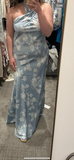 Niulatu Halter Navy Blue Satin Print Long Prom Dress Evening Dress HZ1007