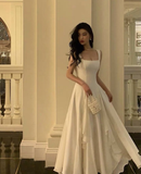 Niulatu Neck White Asymmetric A-Line Long Evening Dress HZ1007