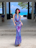 Niulatu Piece Mermaid Halter Purple Print Floral Chiffon Long Prom Dress Outfits HZ0113
