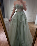 Niulatu Green A-Line Off The Shoulder Tulle Beaded Evening Dress Formal Prom Dress HZ1007