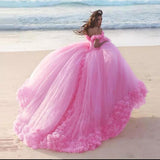 Niulatu Poofy Pink Floral Wedding Dresses Off the Shoulder Ball Gown Quinceanera Dress HZ0113