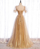 Niulatu tulle v neck long prom dress gold tulle formal dress HZ1110