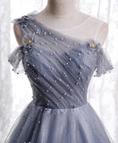 Niulatu one shoulder tulle long prom dress gray tulle evening dress HZ1110