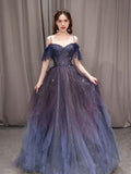 Niulatu starry sky purple tulle long prom dress purple evening dress HZ1110