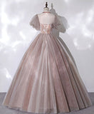 Niulatu tulle lace long prom dress pink lace prom gown HZ1110