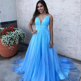 Niulatu V-Neck Tulle Blue Prom Dress Sleeveless HZ1007