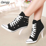 Niulatu Women Canvas Shoes Denim High Heels Rivets Shoes Fashion Shoe Laces Sneakers Women Short Women's Pumps black blue DJSE