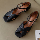 Niulatu Sandals Shoes Women Genuine Leather Ankle Strap Shoes Med Thick Heel Sandals Square Toe Cow Leather Lady Sandals Summer DJSE
