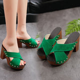 Niulatu Women Sandals 2025 New Square High Heel Platform Flock Casual Rivet Pumps Peep Toe Female Elegant Ladies Shoes Zapatos De Mujer DJSE