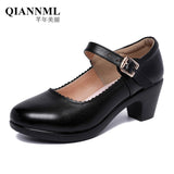 Niulatu 33-43 Women's Platform Shoes Square Heel Spring 2025 Black White Red Soft Leather Med Heels Pumps Office Mother Dance DJSE