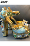 Niulatu Women Chunky High Heels Shoes Platform Sandals For Women Rhinestone Metallic Gold Leather Shoes Woman Peep Toe Wedding Shoes DJSE