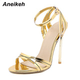 Niulatu Women Shoes Fashion Open Toe Solid PU Sexy Thin High Heel Ankle Buckle Strap Sandalias Mujer 2025 Gold Sliver DJSE